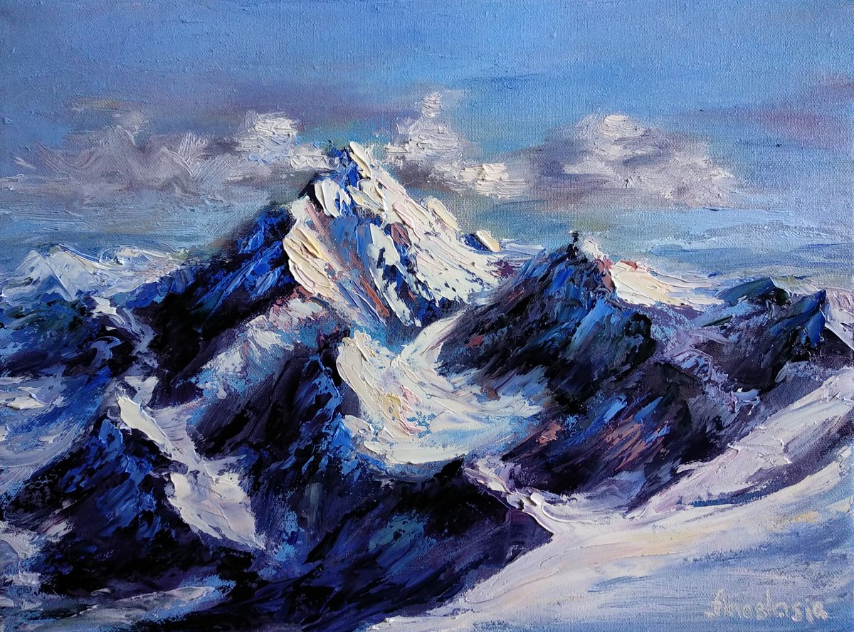 Mountain Impasto Landscape Expressive Rocks with Snow Blue White Textured Art by Anastasia Art Line