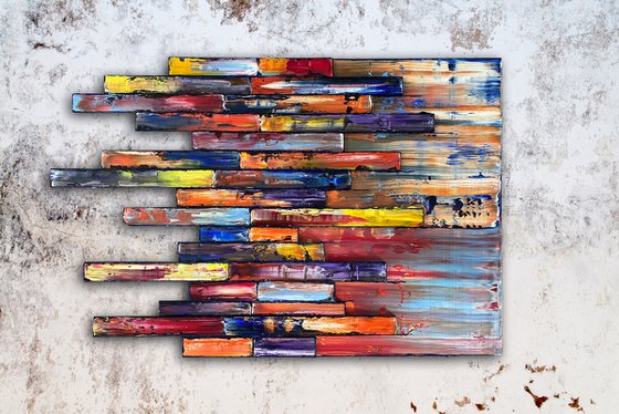 "Stacking Up" - Original PMS Assemblage Sculptural Painting On Wood and Wooden Pieces - 36 x 24 inches