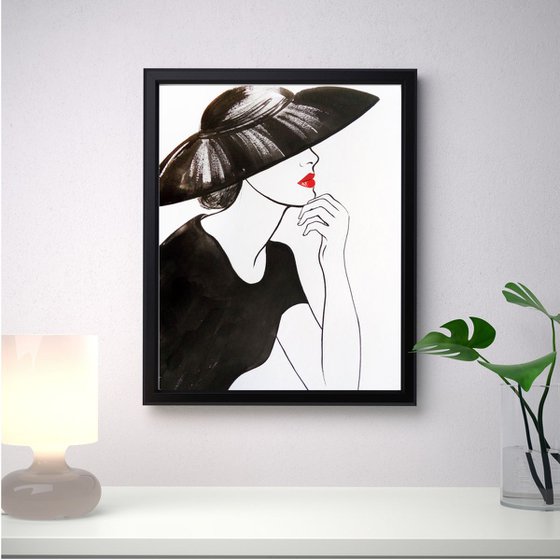 A Fashion Lady in Big Black Hat, Lady in Red, Lady in Hat with Veil, Set of 3 Artworks