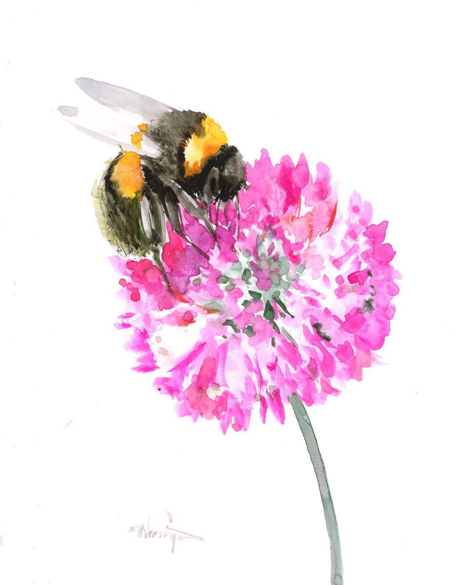 Bumblebee and bright pink flower by Suren Nersisyan