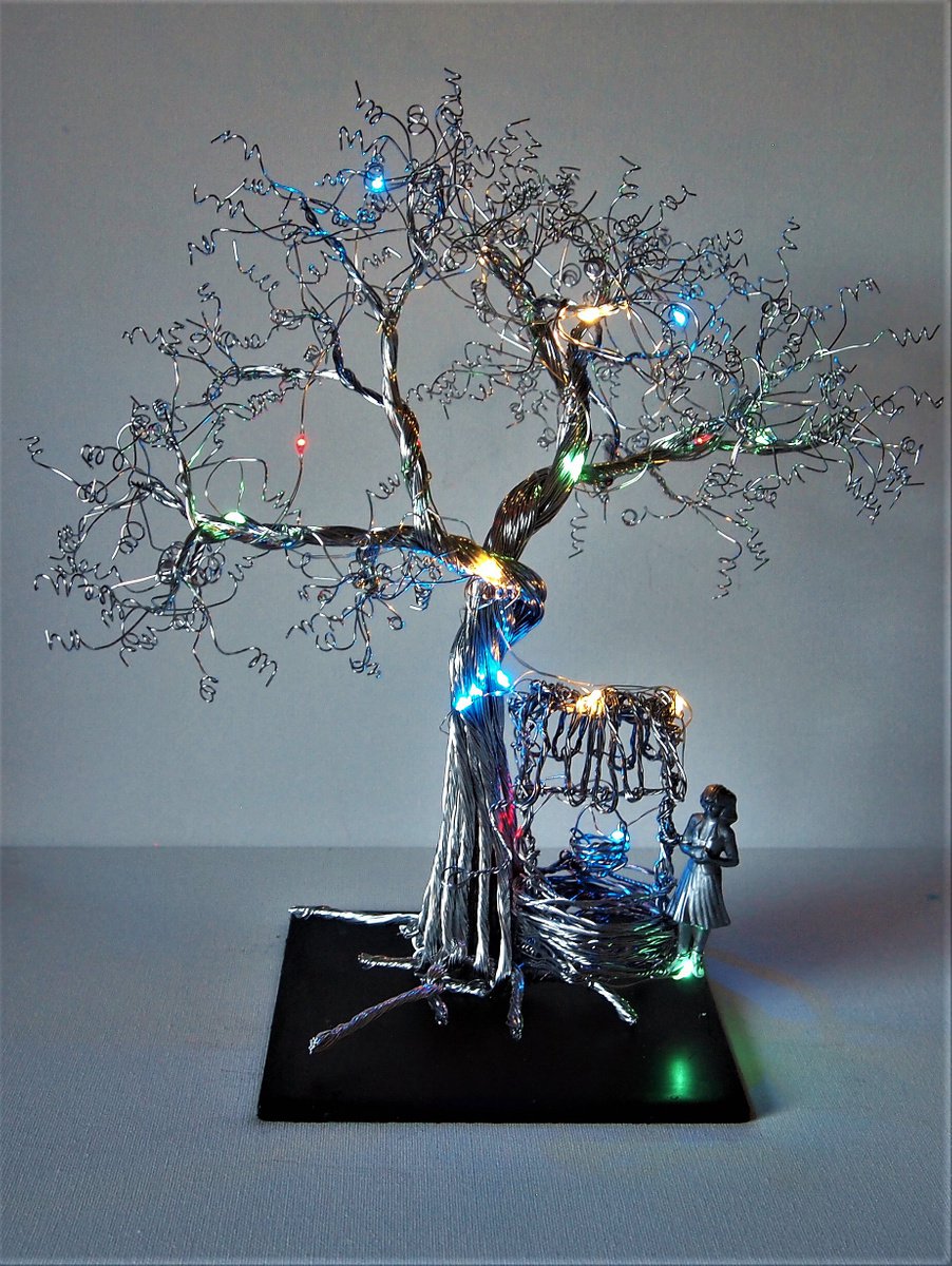 Silver wire tree sculpture with Lady, wishing well and LED lights by Steph Morgan