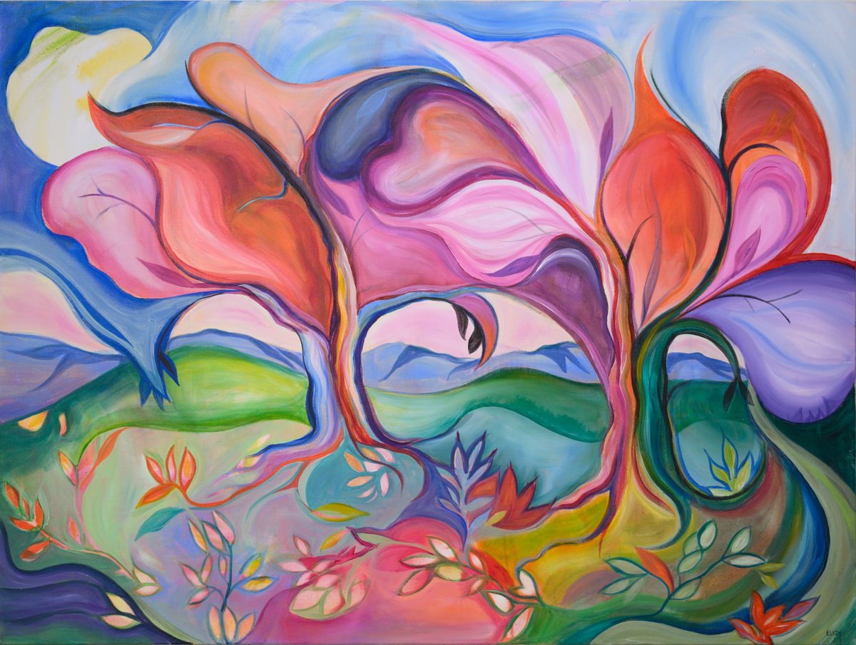 Geometric Landscape Acrylic Painting By Eliry Arts, 48 X 36, Bountiful, Original Artwork