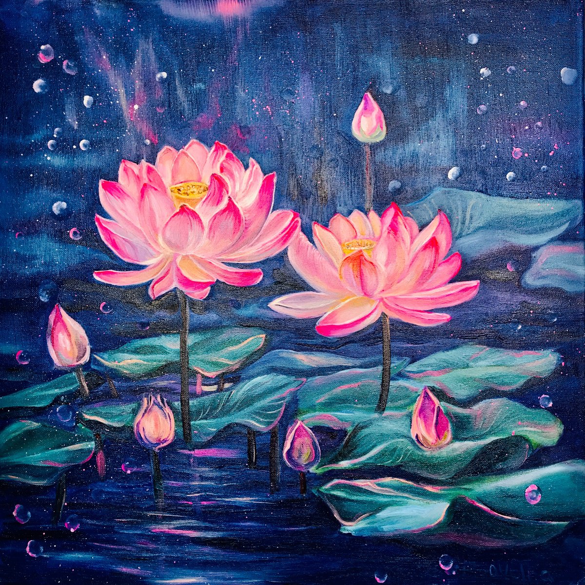 Impressionistic Botanical Oil Painting By Olga Volna, 20 X 20", Nightfall Reflections, Original Artwork