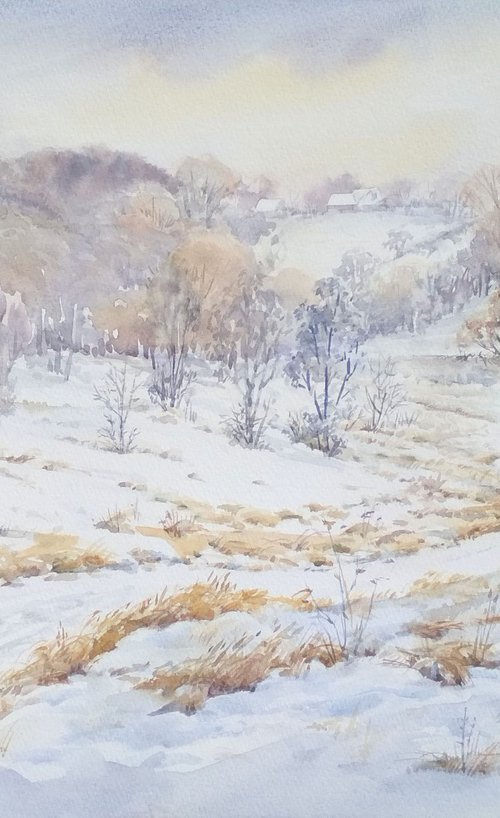 Winter landscape with a horse rider / ORIGINAL watercolor 22x15in (56x38cm) by Olha Malko