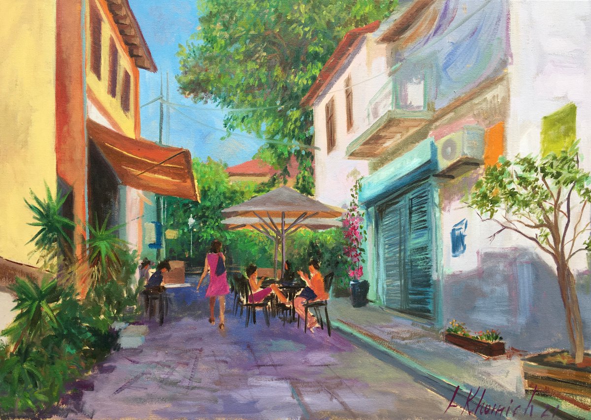 Expressive Cityscapes Oil Painting By Leo Khomich, 28 X 20", Restaurant Neve Tsedek, Original Artwork