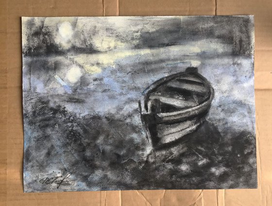 Moonlight On The River Charcoal Drawing