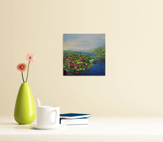 Water lily pond by the lake !! Morning Bliss !! Small Painting !! Miniature !! Gift !!