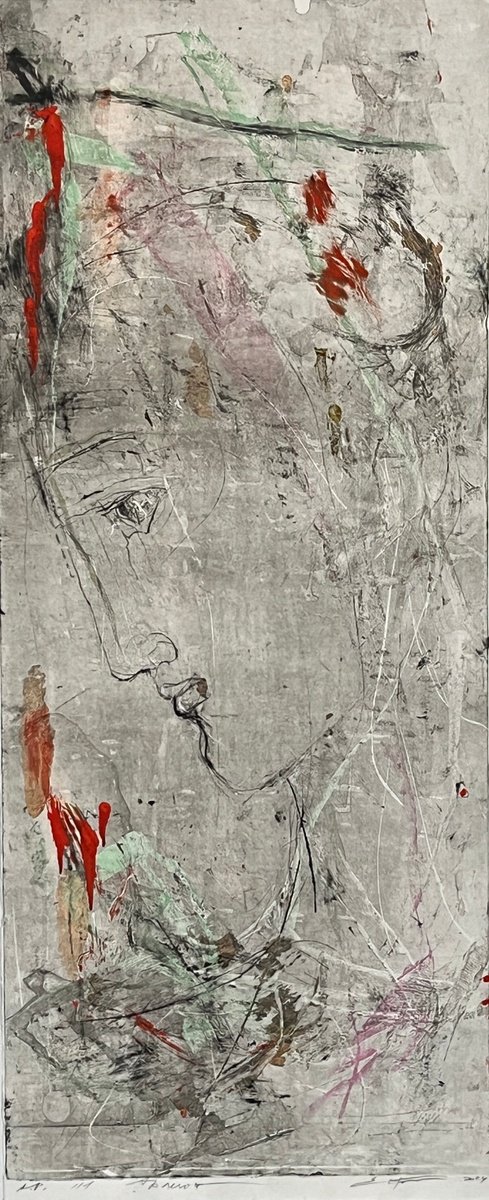 Expressive Portrait Ink Drawing By Eduard Belsky, 13 X 31, Harlequin, Original Artwork