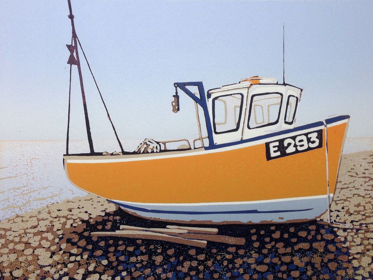 Graphic Linocut , Branscombe Boat, Sunny By Alexandra Buckle, 10 X 8, Artwork For Sale On Artfinder