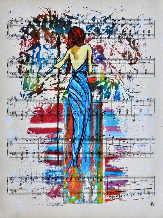 Girl In The Blue Dress - Collage Art on Real Vintage Sheet Music Page
