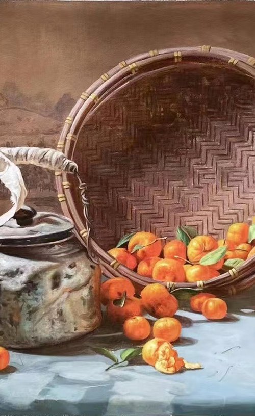 Still life painting:oranges in the bamboo basket t215 by Kunlong Wang