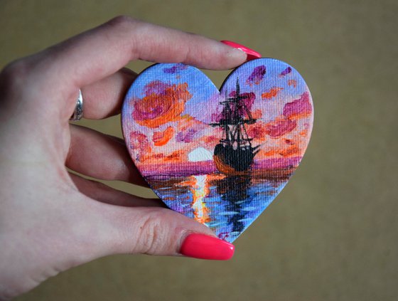 Ship painting, heart decor, fridge magnet, sunset seascape painting, romantic gift