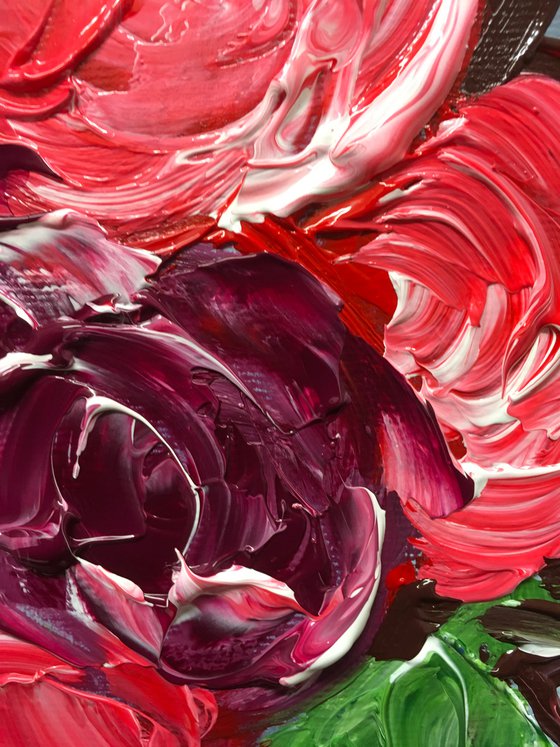 BOUQUET OF Red Bordo  Roses  #11 palette  knife Original Acrylic painting office home decor gift