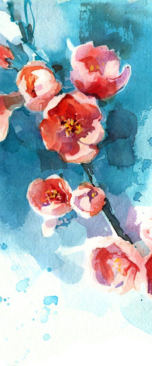 Original watercolor painting "Spring. Blooming quince twig" by Ksenia Selianko