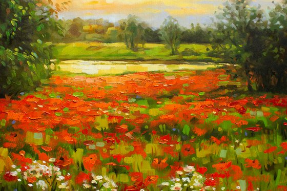 Poppy Field (Modern Impressionistic Landscape Oil Painting, Gift for nature lovers)