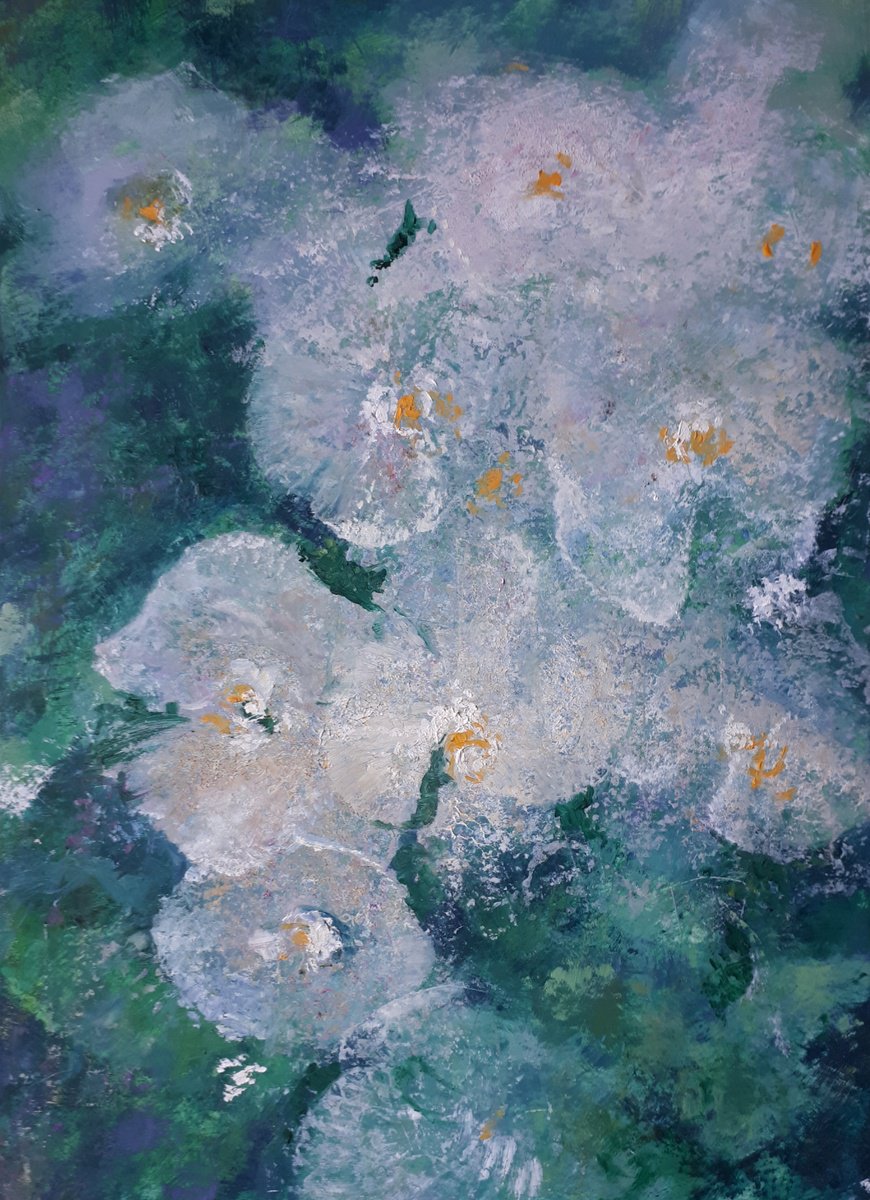 Abstract Oil Painting By Olga Onopko, 19 X 27", Abstract Orchids On Green, Original Artwork