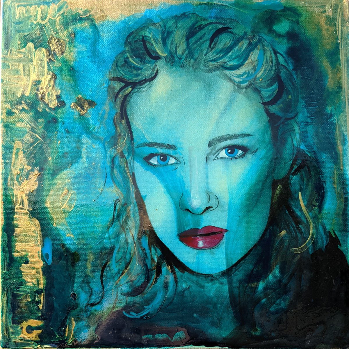 Rose Petal, teal and gold mermaid portrait, contemporary portrait by Dianne Bowell