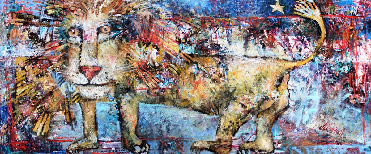 Expressive Animal Oil Painting By Nikifor Swiristuhin, 57 X 24", Lion., Original Artwork