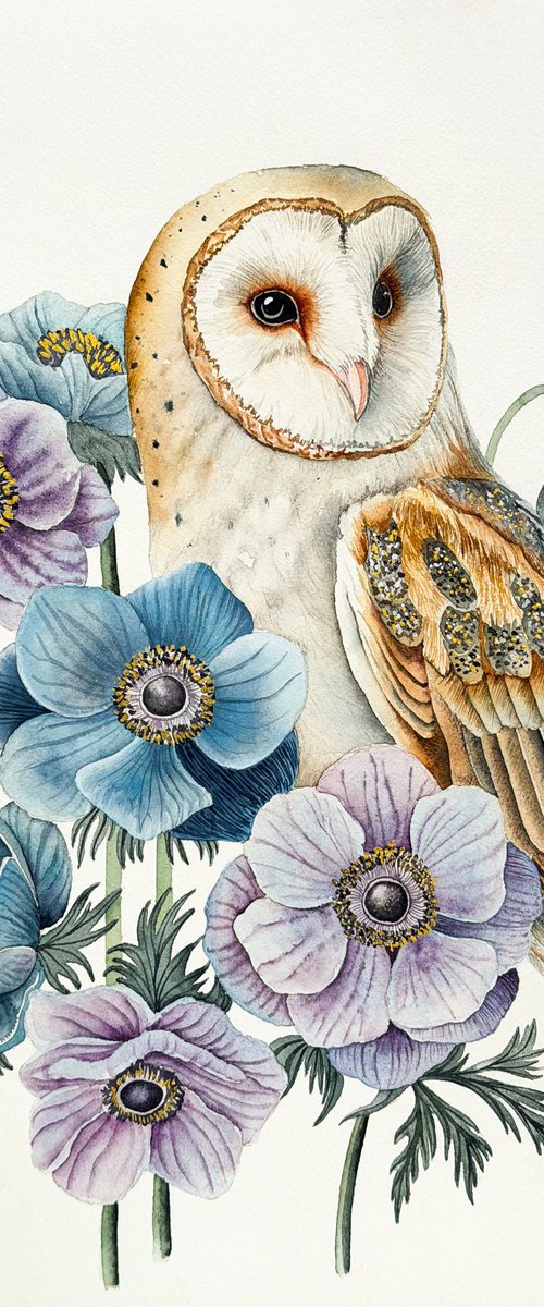 Barn Owl with Anemones by Yuliia Malkina Bohuslavska