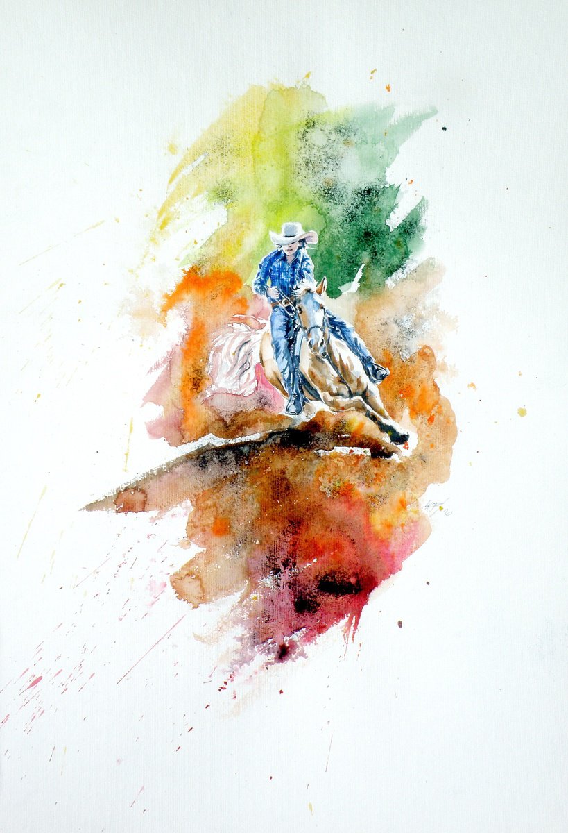 Abstract Portrait Watercolour By Kovacs Anna Brigitta, 20 X 28", Rider, Original Artwork