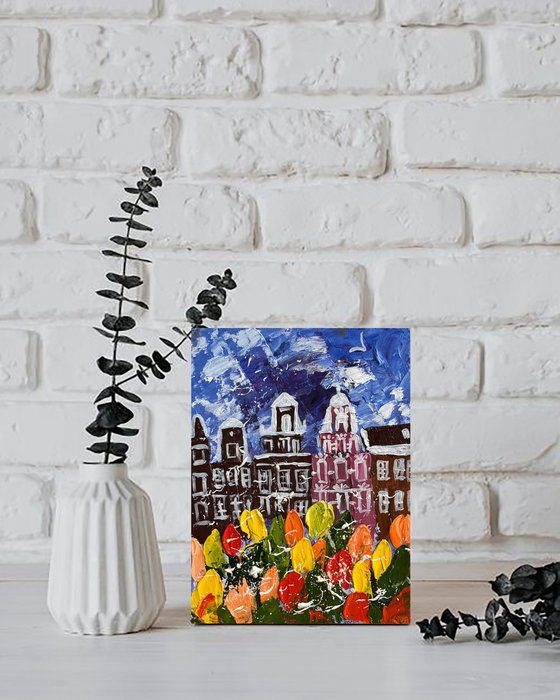 Amsterdam Painting Cityscape Original Art Tulips Impasto Artwork Floral Home Wall Art 6 by 8 by Halyna Kirichenko