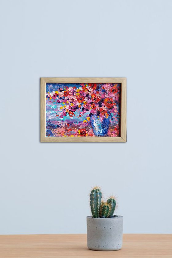 Red tint of flowers - painting, framed, flowers oil painting, bouquet, flowers, impressionism, palette knife, gift.