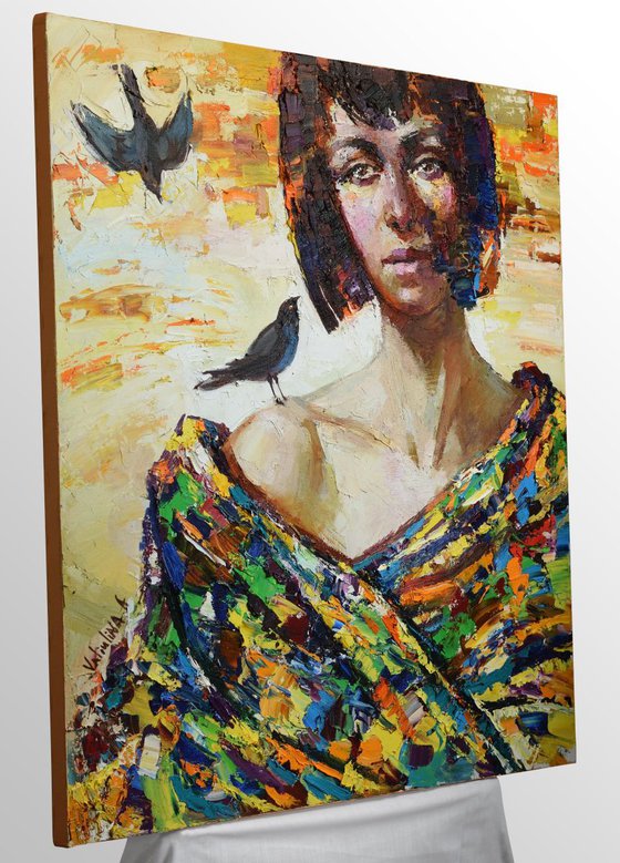 Girl with birds portrait painting, Original oil painting