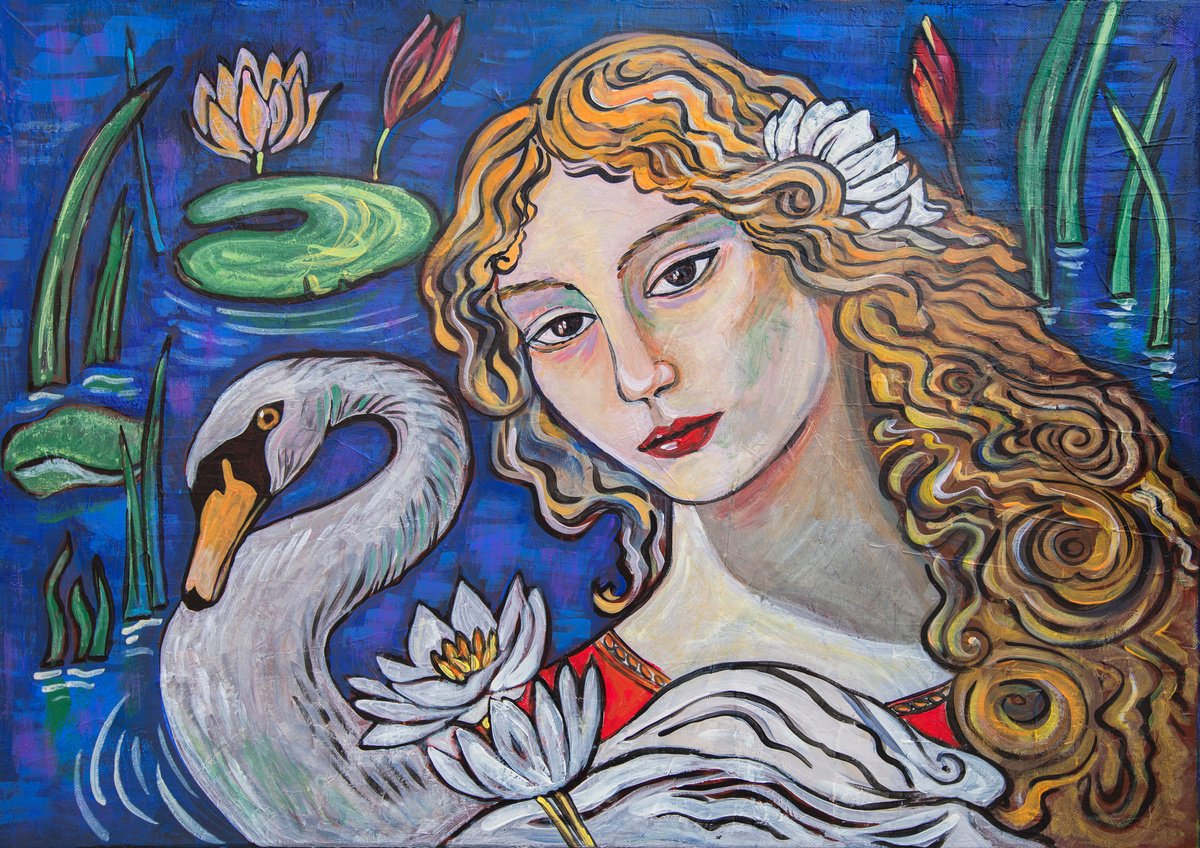Illustrative Portrait Acrylic Painting By Ariadna De Raadt, 28 X 20, Woman And Swan. Nature 2, Original Artwork