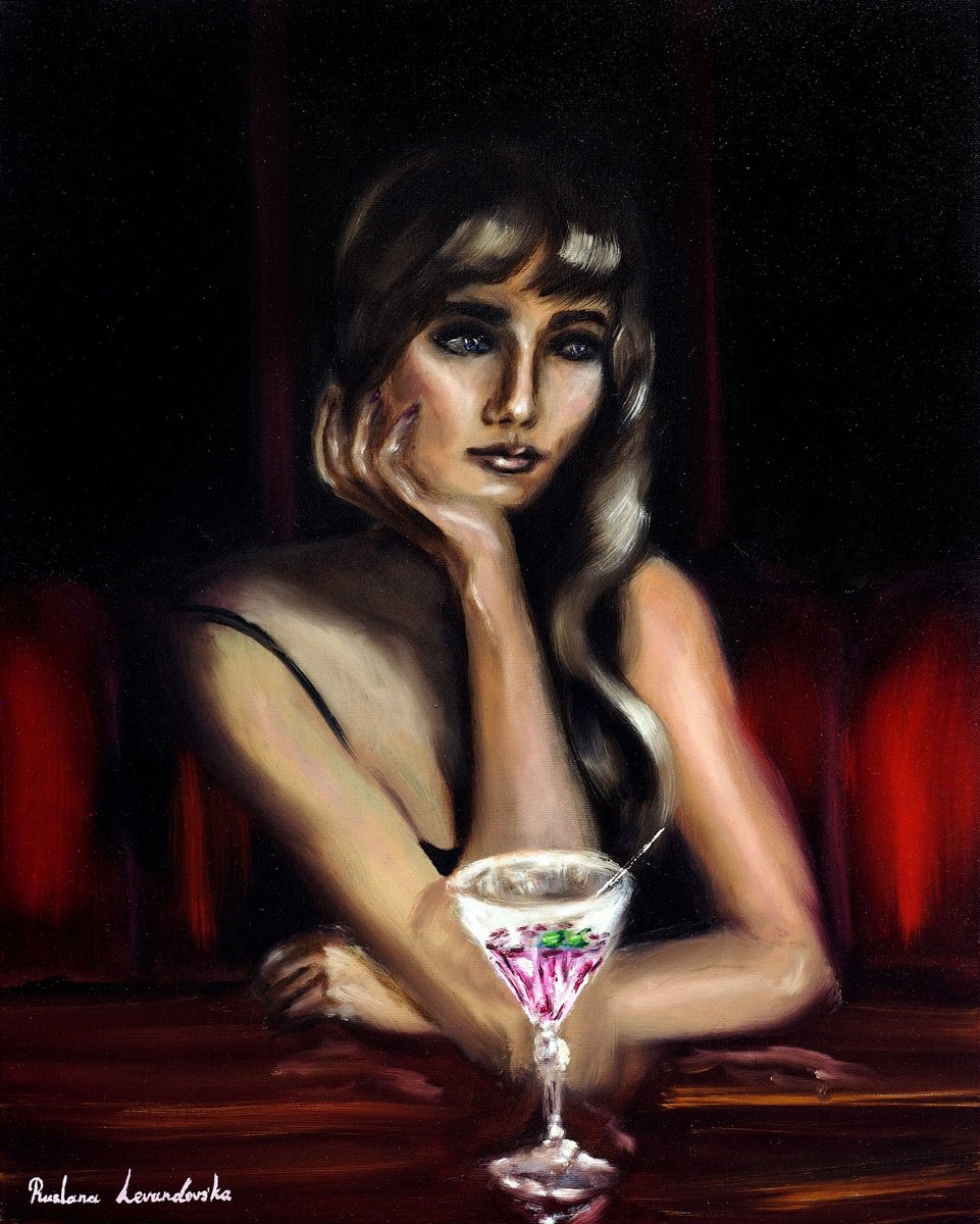 Impressionistic Portrait Oil Painting By Ruslana Levandovska, 16 X 20", Woman With A Pink Cocktail, Original Artwork