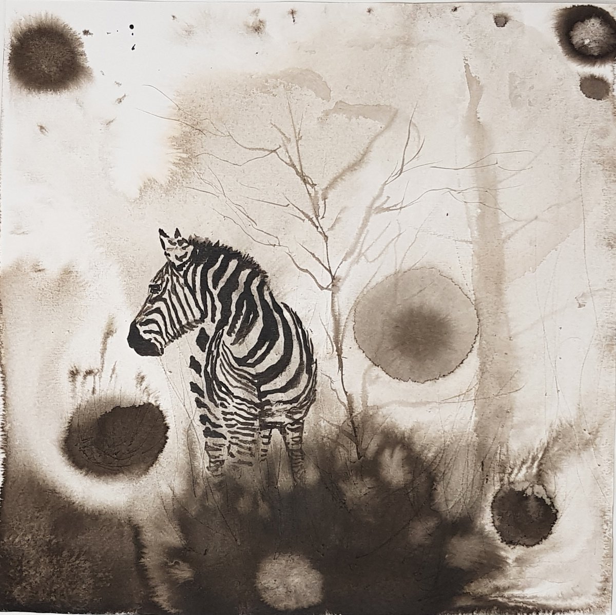 Impressionistic Abstract Ink Drawing By Yulia Schuster, 12 X 12", Hidden Worlds N1, Original Artwork