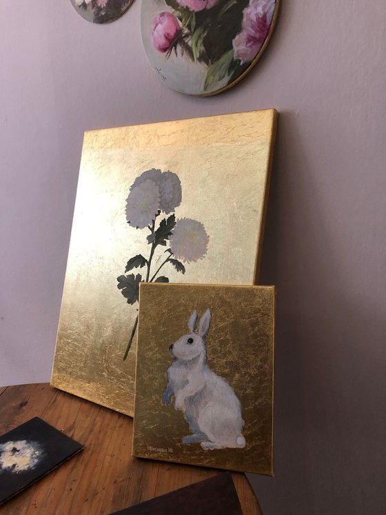 The Little White Rabbit Oil Painting on Lacquered Golden Leaf