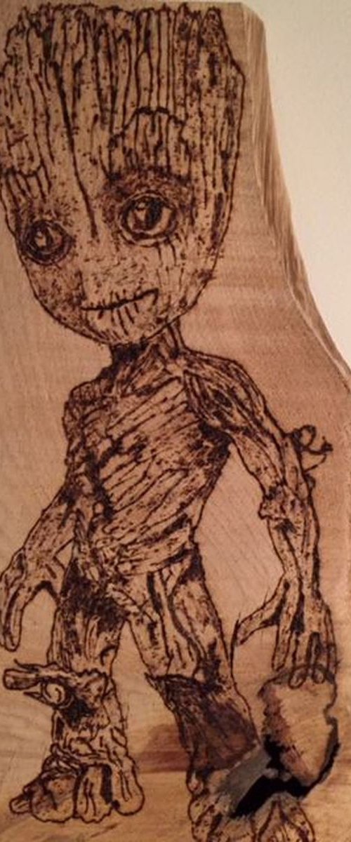 Baby Groot - pyrography art by Paul Simon Hughes
