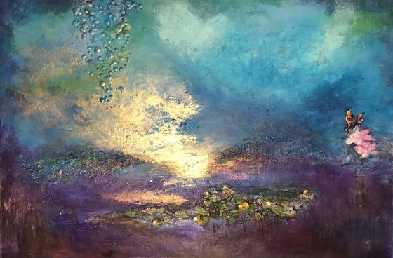 " Afterglow" water lilies pond abstract floral painting purple turquoise with gold