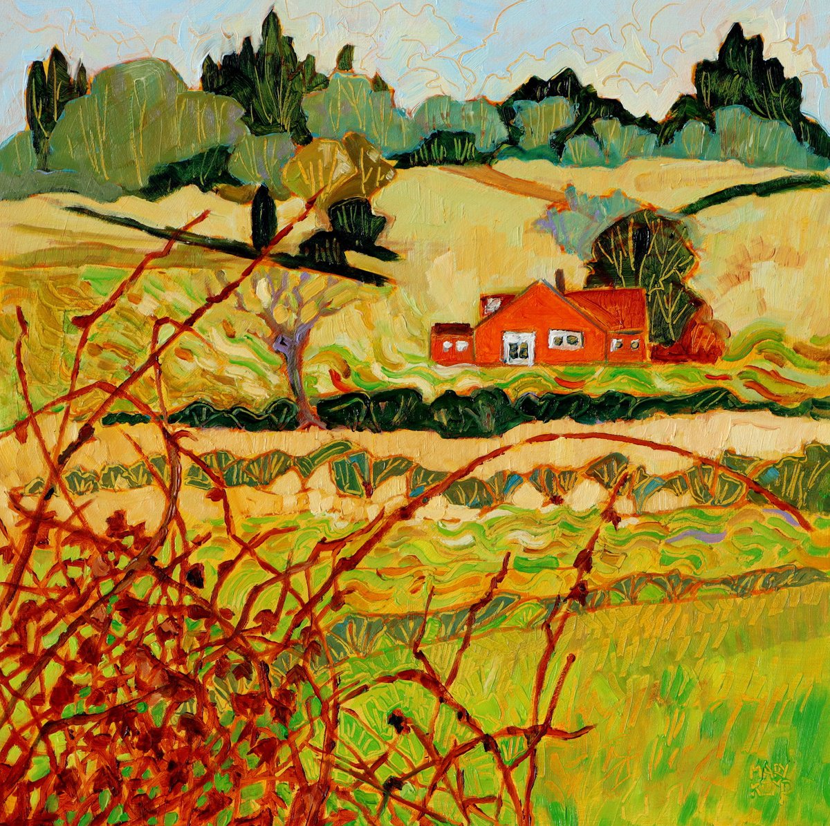 Impressionistic Landscape Oil Painting By Mary Kemp, 16 X 16", Little Bungalow Over The Valley, Original Artwork