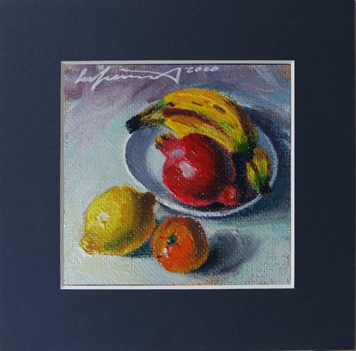 'FRUITS FROM YELLOW TO RED" - Small Painting on Jute under Mat by Ion Sheremet
