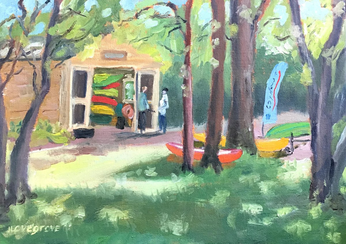 Canoes for hire - A colourful original painting by Julian Lovegrove Art