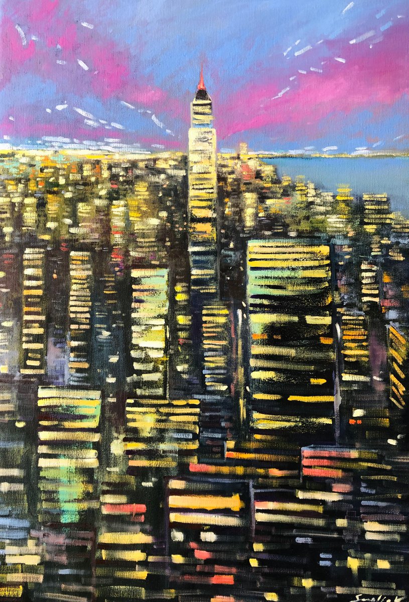Impressionistic Cityscapes Oil Painting By Volodymyr Smoliak, 18 X 26", New York, City View At Night, Original Artwork