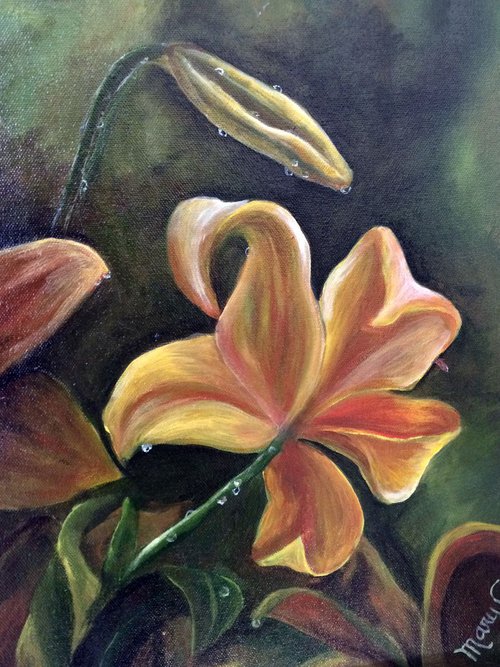 Yellow Lily Flower Art Gift for mother.  Original Art Work Framed by Mary Gullette