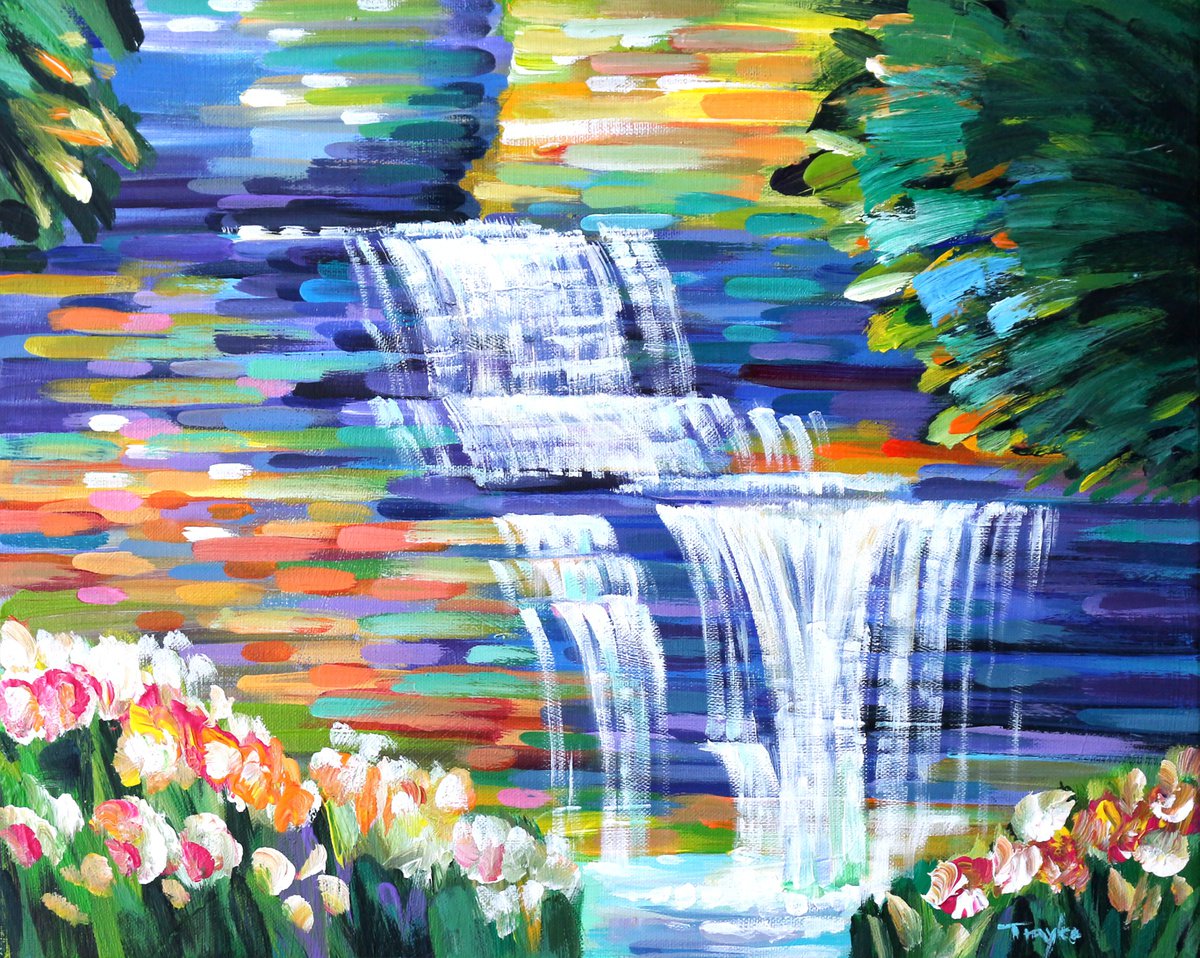 Impressionistic Landscape Acrylic Painting By Trayko Popov, 20 X 16", Waterfall-3 | Hot Summer, Original Artwork