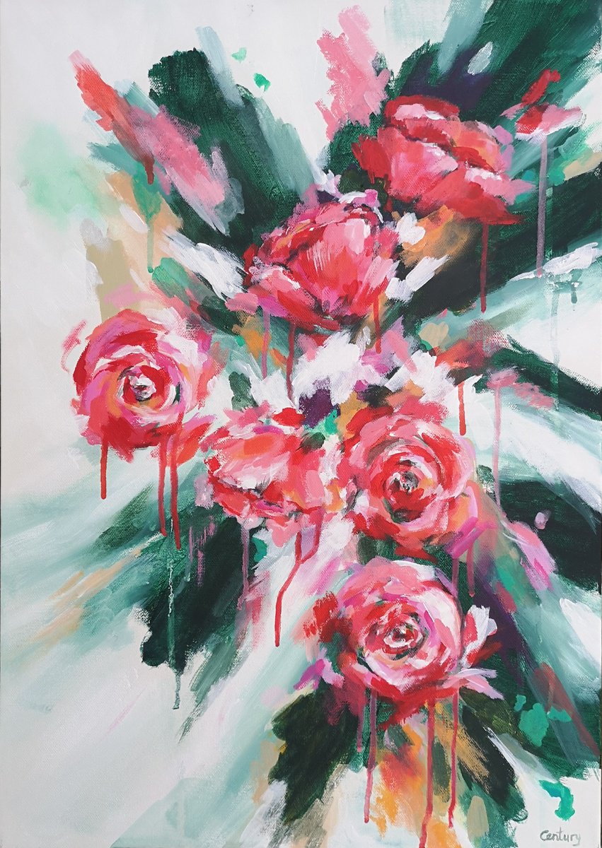 Abstract Botanical Acrylic Painting By Judy Century, 17 X 24", Kaleidoscope, Original Artwork