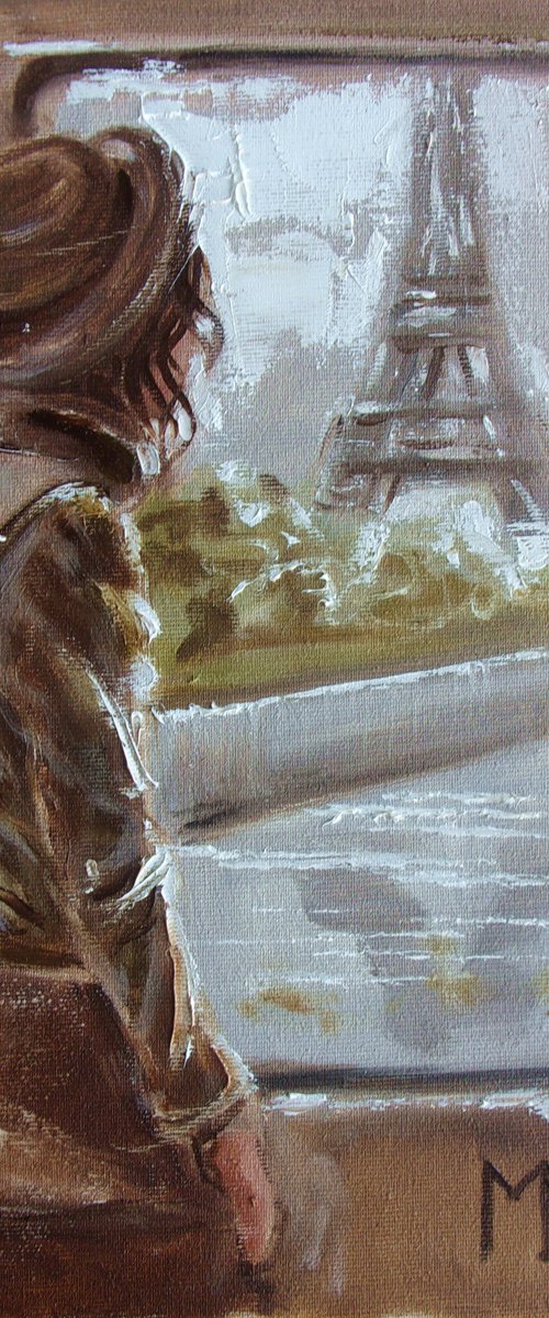 " TRAVEL TO PARIS ... " for O. original painting TRIP SPRING palette knife GIFT GREEN by Monika Luniak