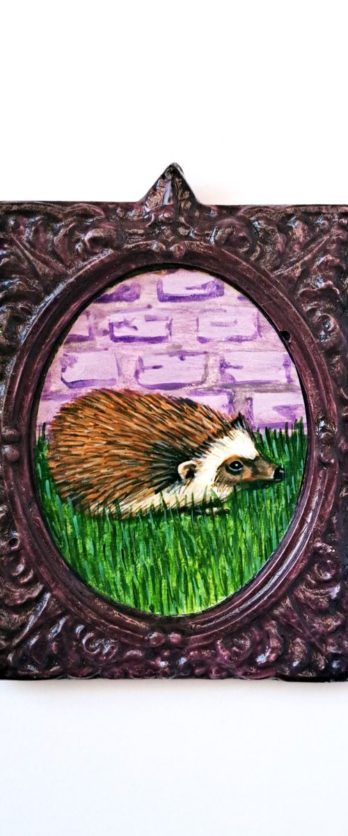 Hedgehog, part of framed animal miniature series "festum animalium" by Andromachi Giannopoulou