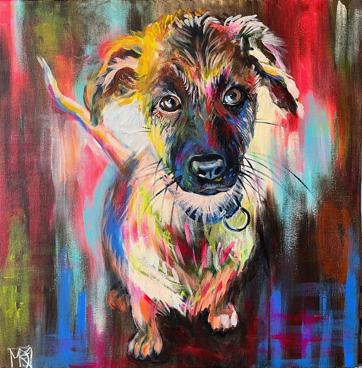 Expressive Animal Acrylic Painting By Maria Kireev, 20 X 20", Little Puppy, Original Artwork