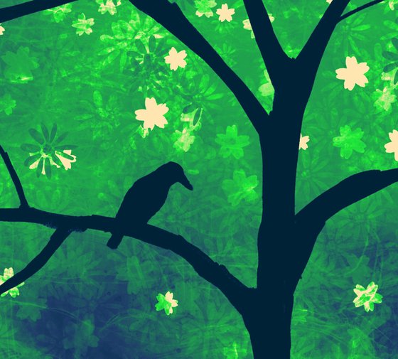 In the green , cute bird tree artwork