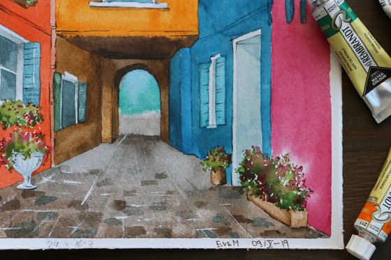 Old street in Europe. Original watercolor artwork.