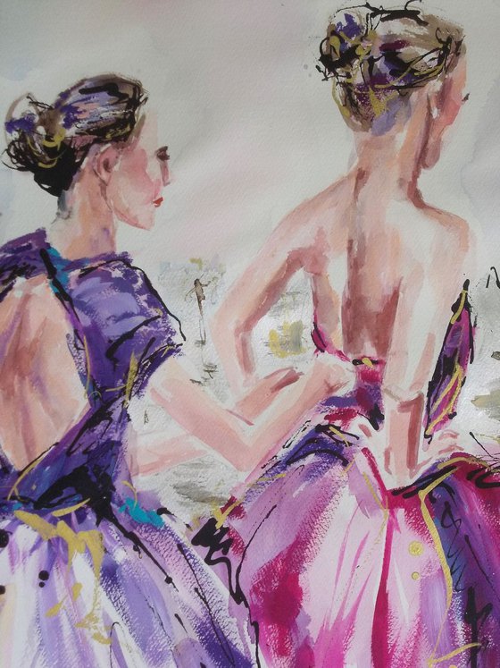 Two Ballerinas  -  Ballerina painting-Ballet painting-ballerina watercolor, mixed media painting on paper