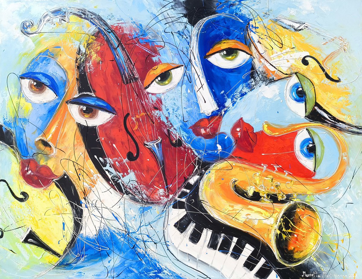 Abstract Portrait Oil Painting By Marieta Martirosyan, 39 X 31", Abstract Musical Rhythms, Original Artwork