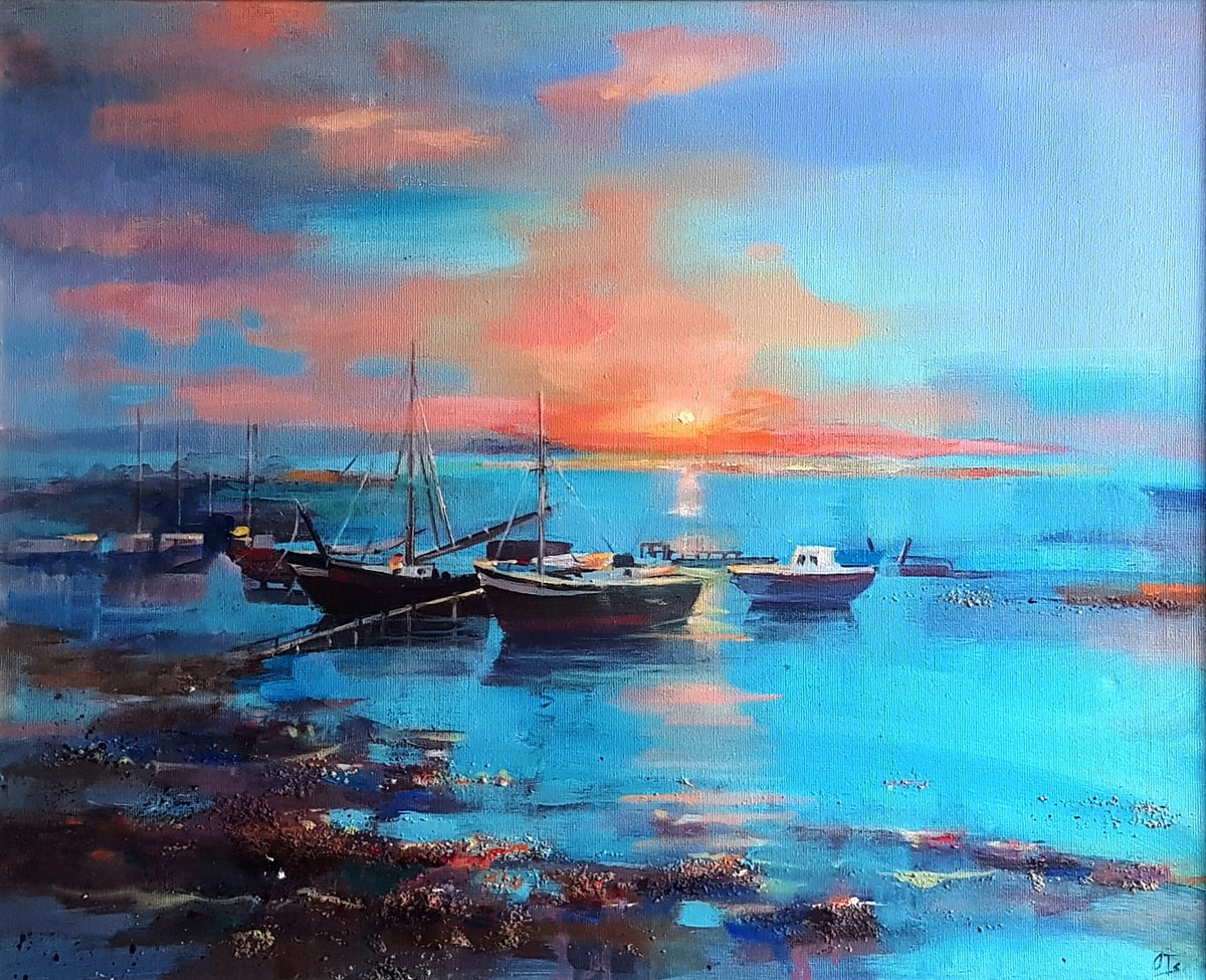 Impressionistic Landscape Acrylic Painting By Olga Lomax, 20 X 16", Serenity, Seascape With Boats, Original Artwork