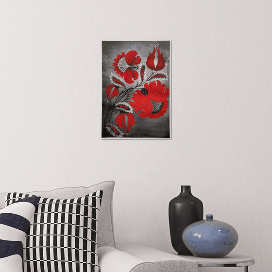 Modern Petrykivka Floral Ornament in Red and Black