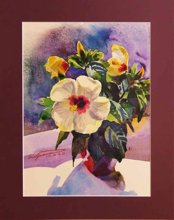 White Hibiscus Flower Watercolor Painting Floral Art